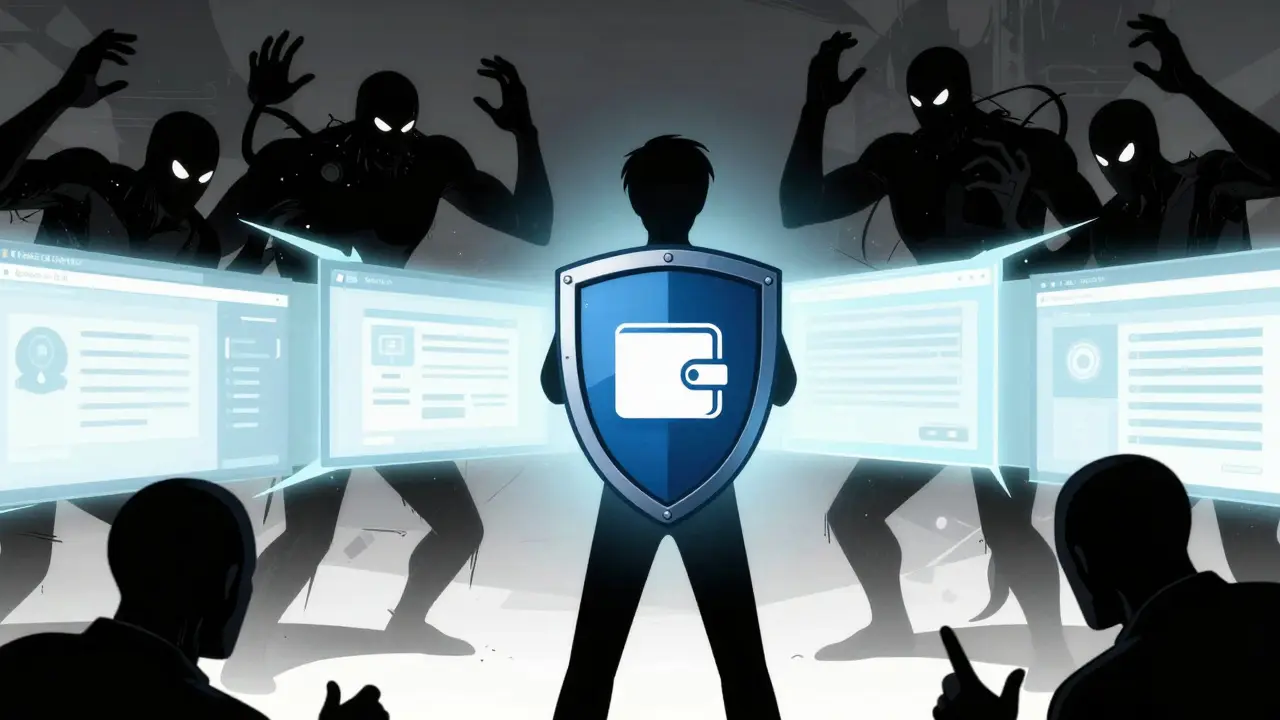 Character defending against crypto scams in cartoon art