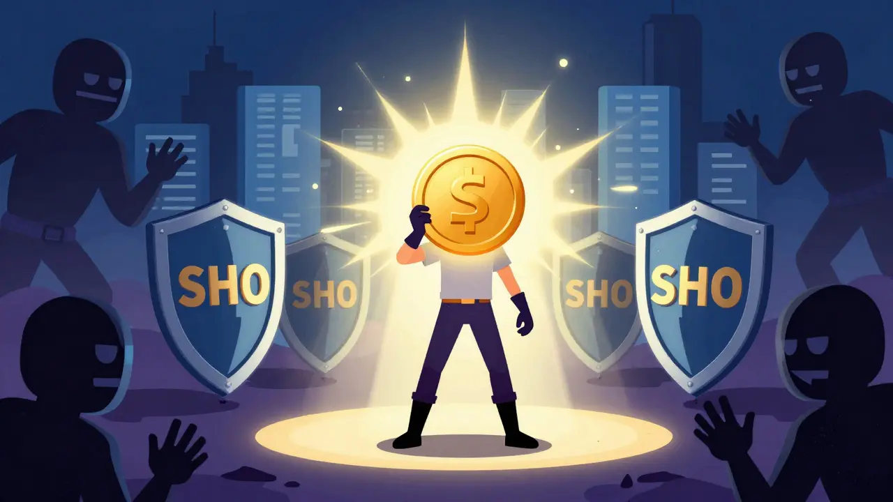 Character holding a secure token protected from shadowy scammers