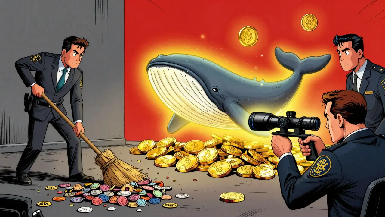 Comic art of SEC targeting giant whale tokens while ignoring small ones