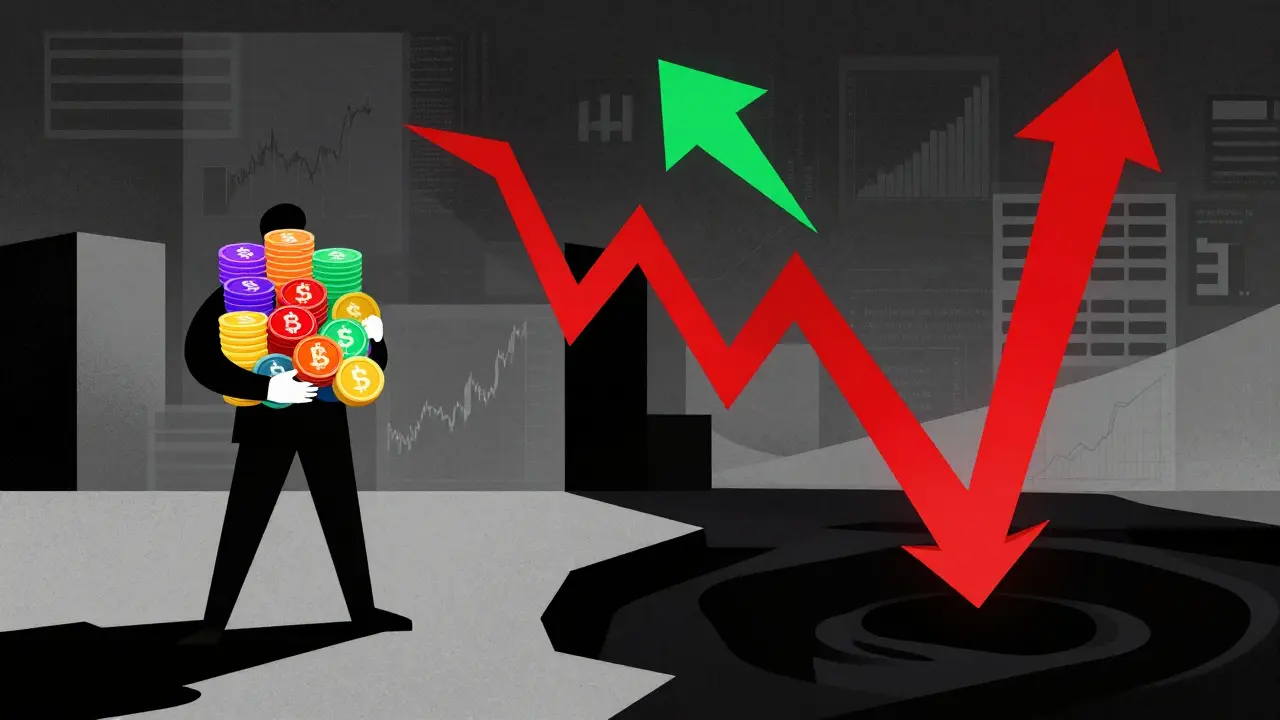 Comic illustration of crypto market volatility with falling price arrows