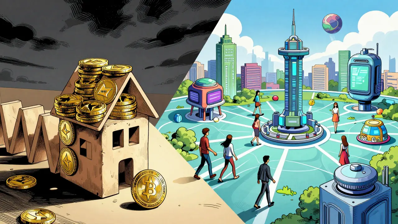 Comic illustration showing crypto risks balancing against a future of connected virtual worlds.