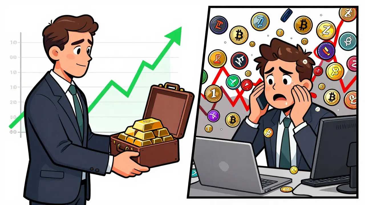 Comic style comparison between institutional trading and chaotic retail markets.