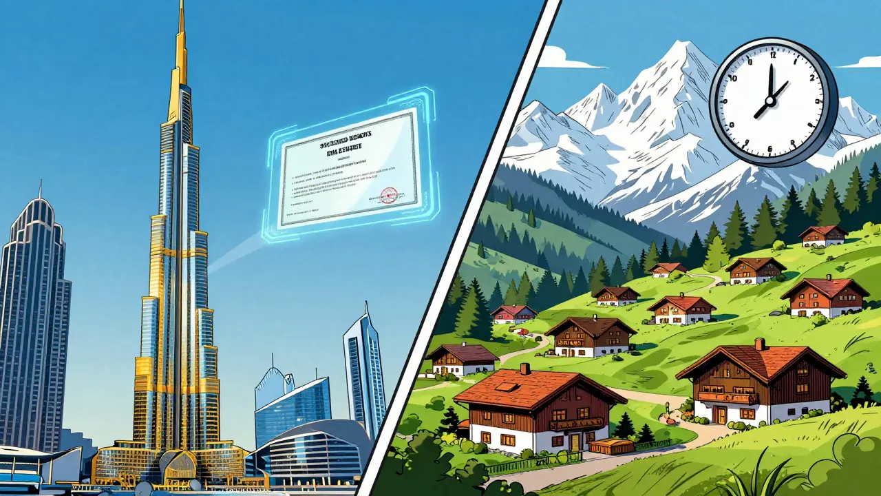 Comic style comparison of UAE and Switzerland for blockchain firms