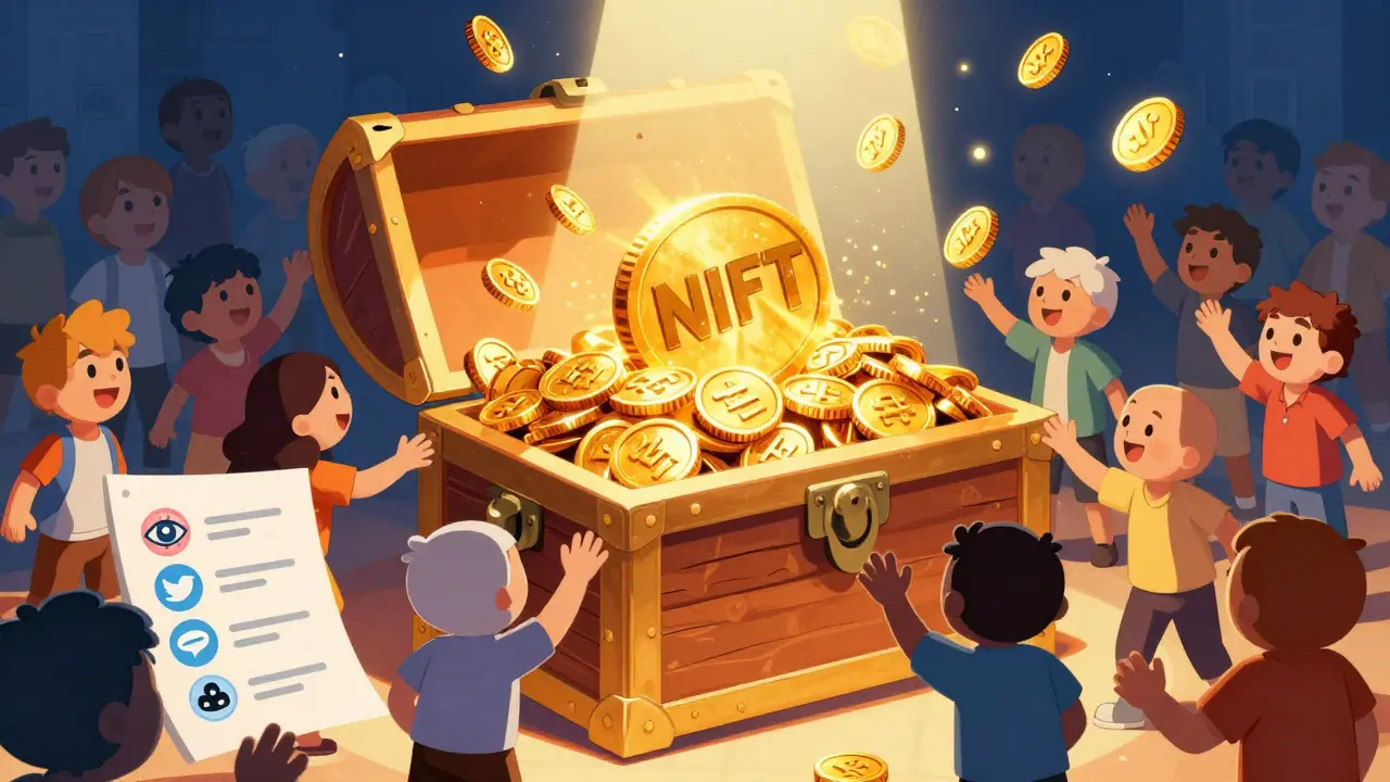 Comic style illustration of 10,000 winners competing for APENFT token airdrop rewards from a chest.