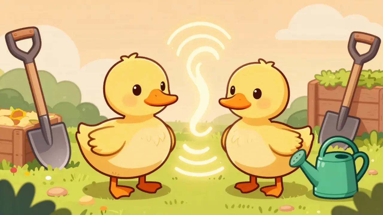 Comic style illustration of breeding digital ducks in a virtual farm