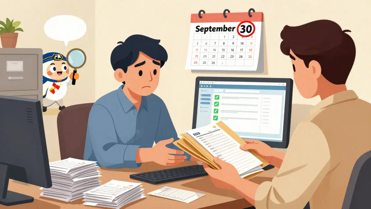 Comic style scene of an accountant helping a client meet the Sept 30 tax deadline.