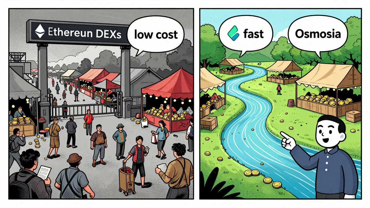 Comic style split screen comparing high-fee Ethereum trading with low-fee Osmosis liquidity pools.
