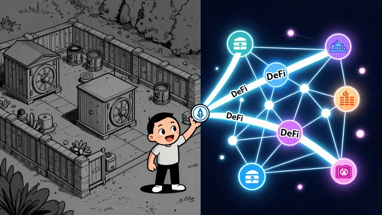 Comic style split view comparing siloed banks with interconnected DeFi networks.
