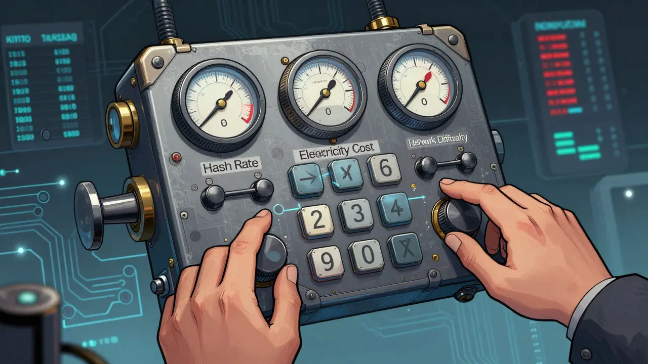 Complex calculator device with mining metrics being adjusted