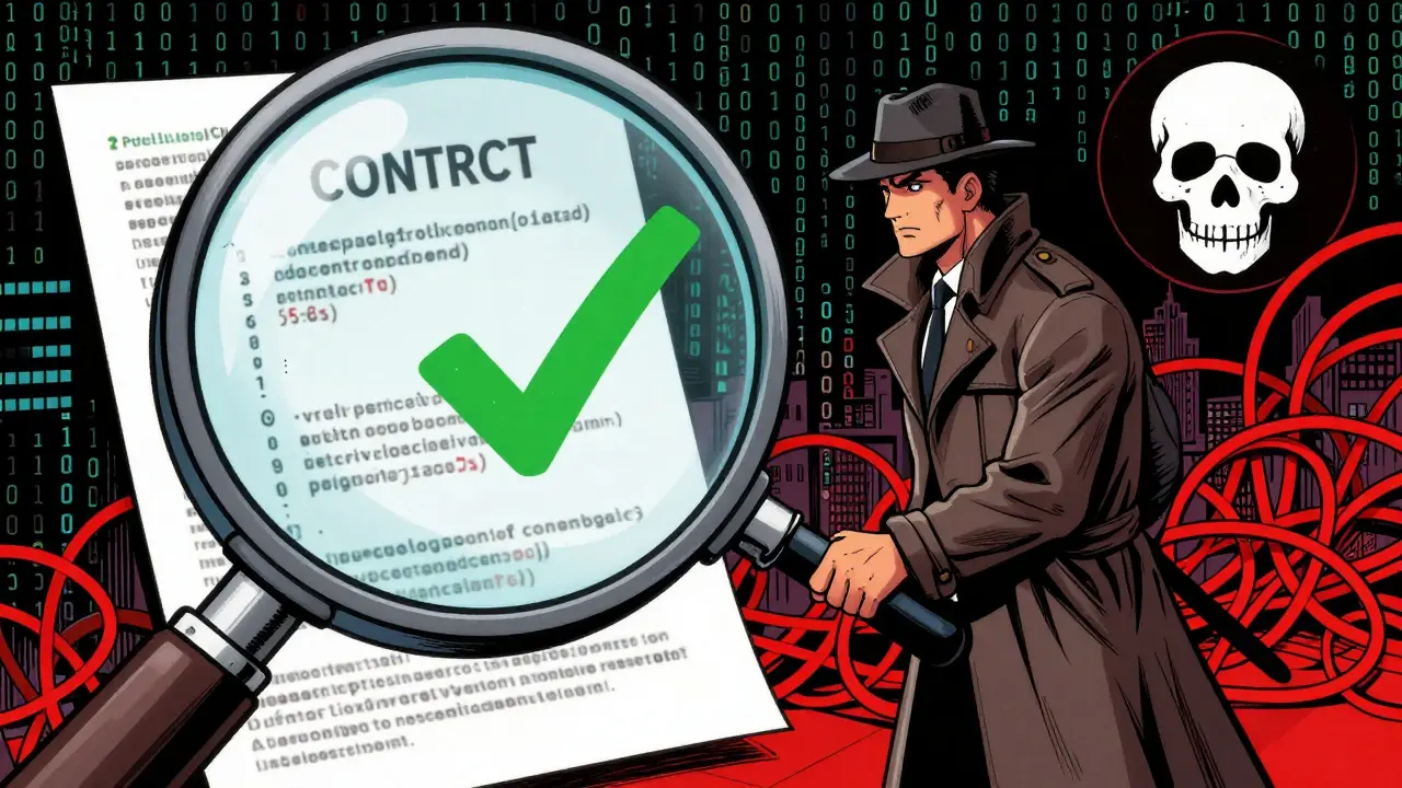 Detective inspecting blockchain contracts to distinguish real projects from scams