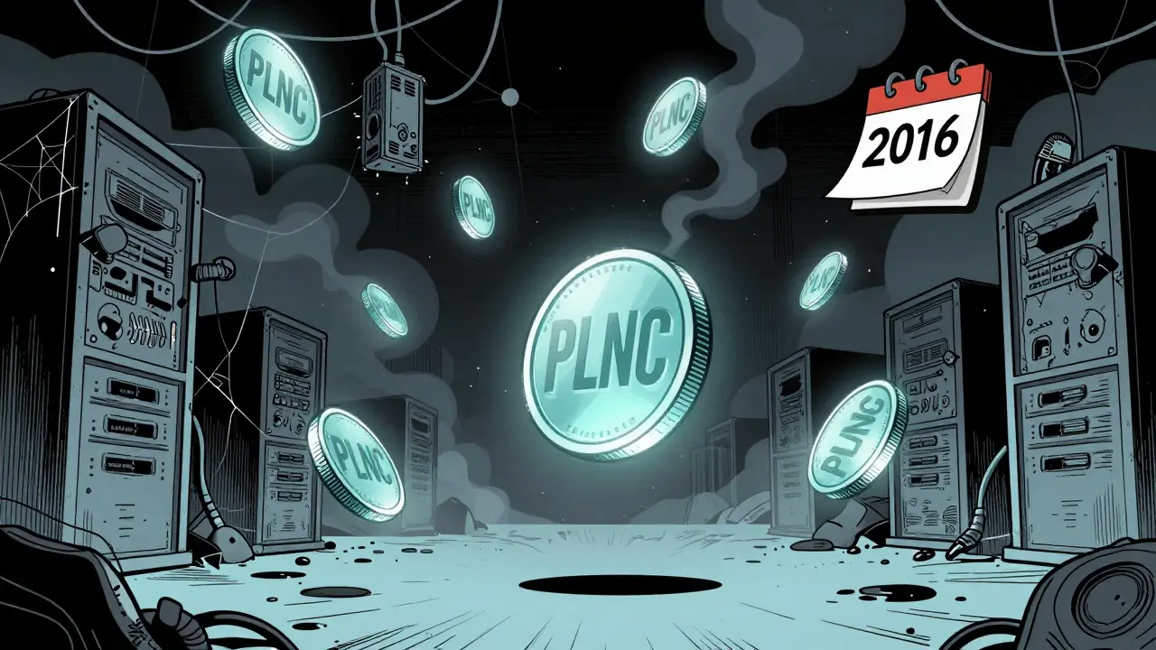 Fading PLNC coins floating in a broken, cobweb-covered digital void.
