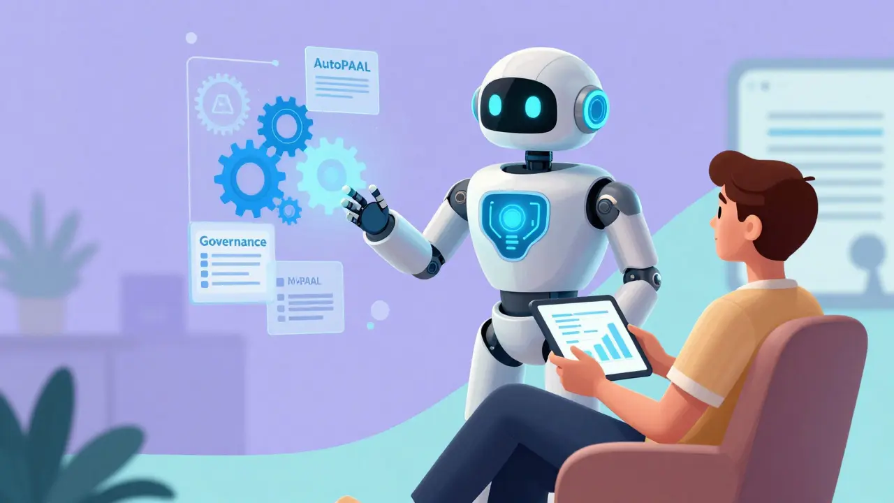Friendly AI robot assistant helping a relaxed user trade