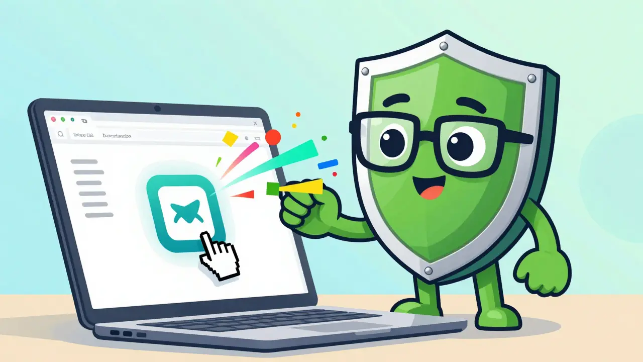 Green shield mascot collecting data from a browser in a cartoon style.