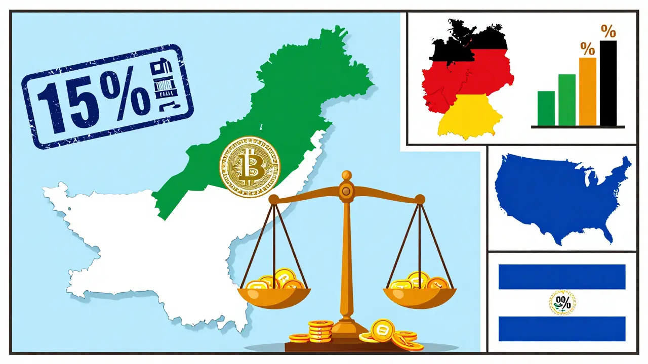 Illustration comparing Pakistan's flat 15% crypto tax with other countries' regimes.