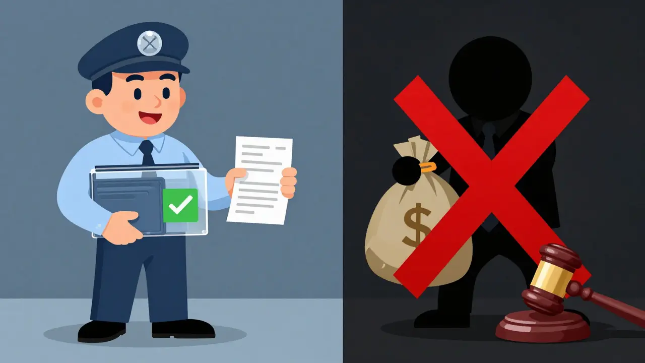 Illustration contrasting legal crypto profits with illegal scam penalties