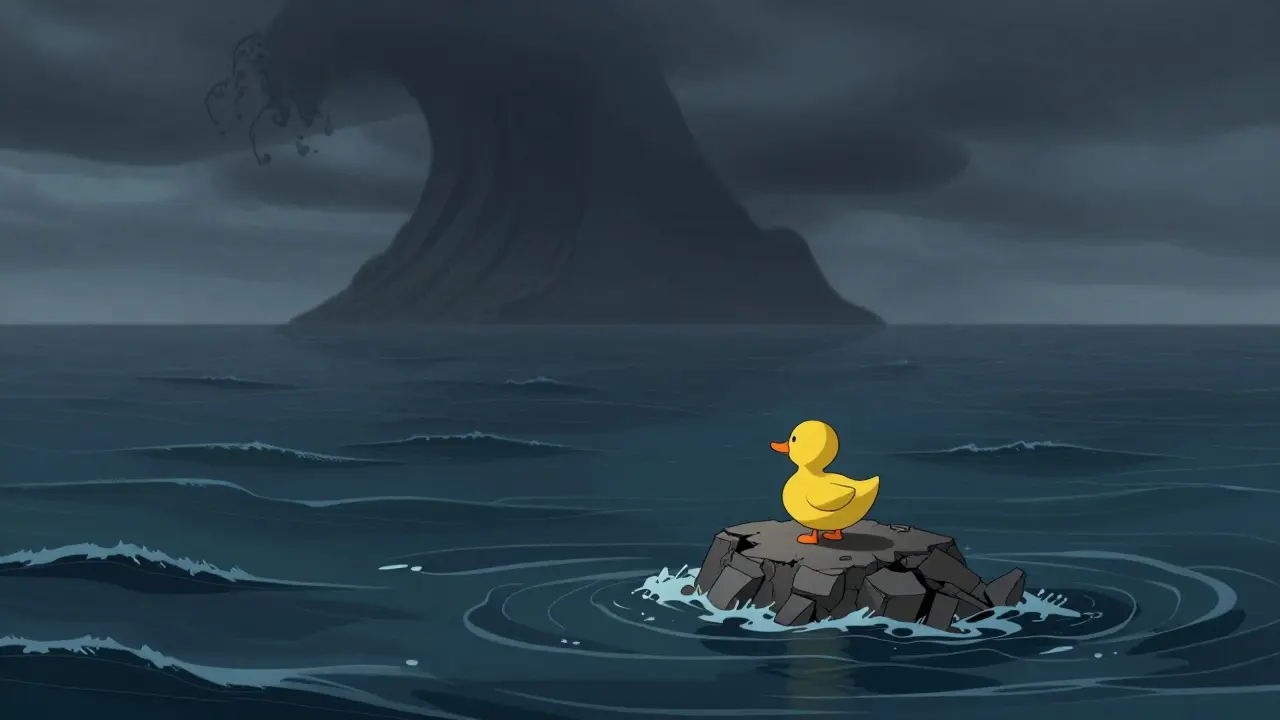 Illustration of a lonely duck on a shrinking island symbolizing high risk