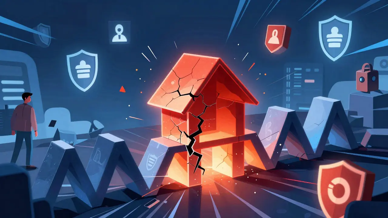 Illustration of a shaking digital house of cards representing DeFi systemic risk.