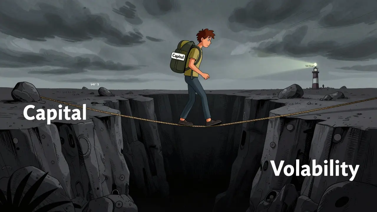 Illustration of a trader walking a tightrope over volatility risks in DeFi