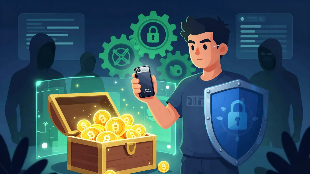 Illustration of a user protecting their crypto assets with a hardware wallet against digital threats.