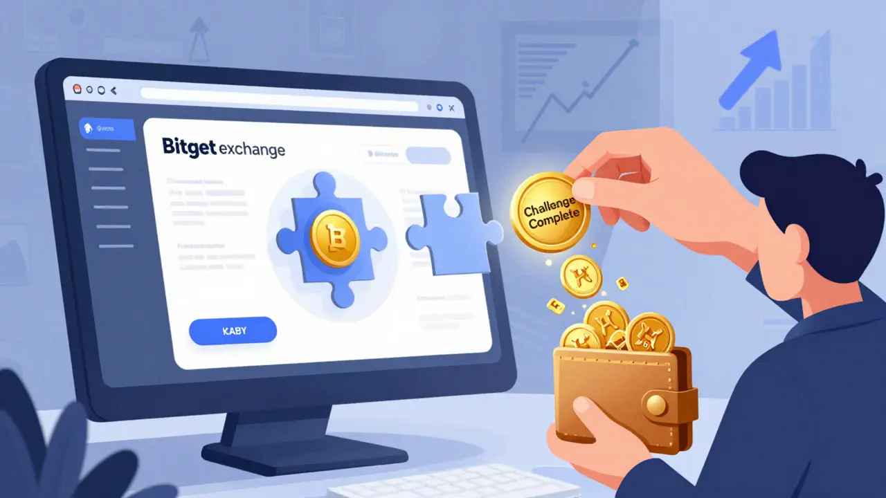 Illustration of hands collecting KABY tokens from floating challenge badges