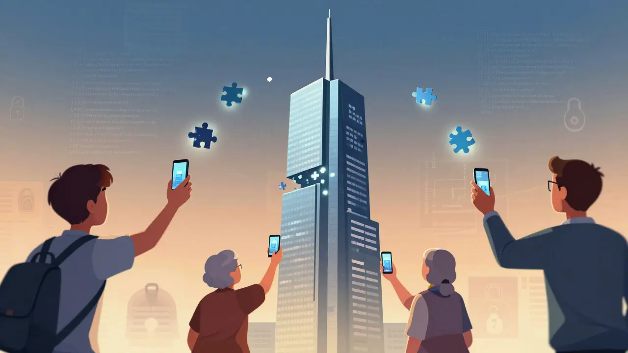 Illustration of people buying fractional shares of a building via digital tokens