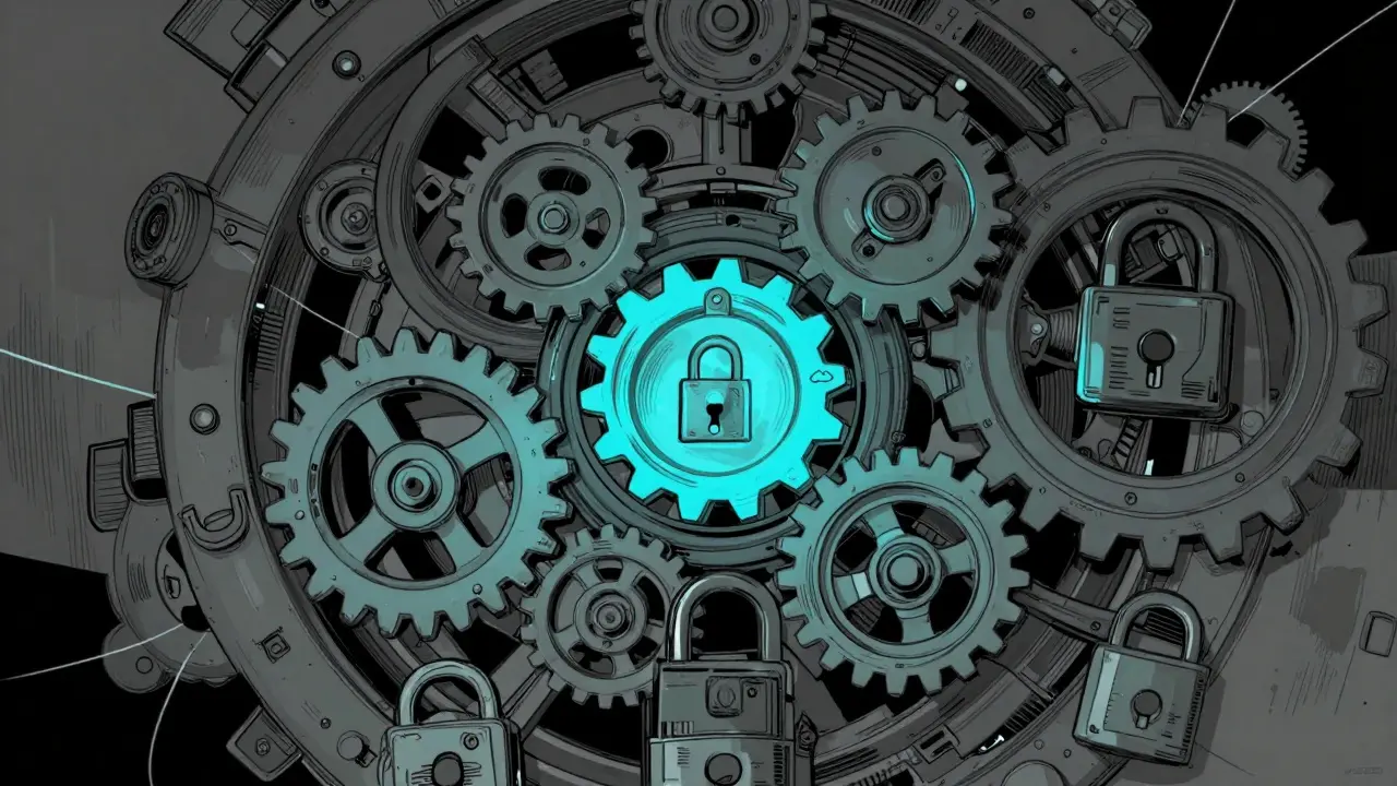 Illustration of tangled gears and locks showing technical complexity
