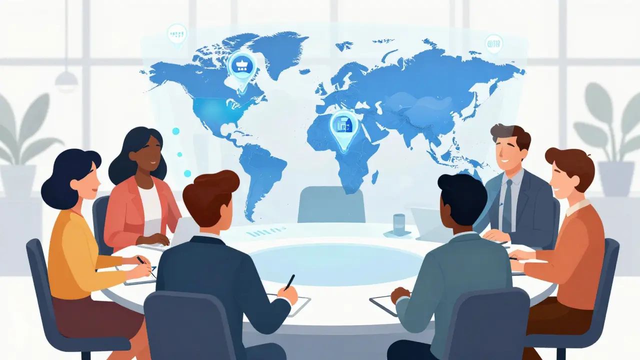 Illustration of team analyzing global map for crypto jurisdiction