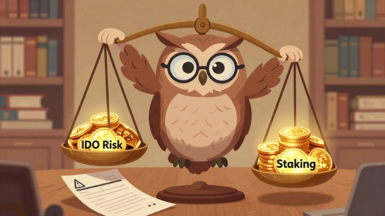 Owl balancing risky IDOs against safe staking options in a comic.