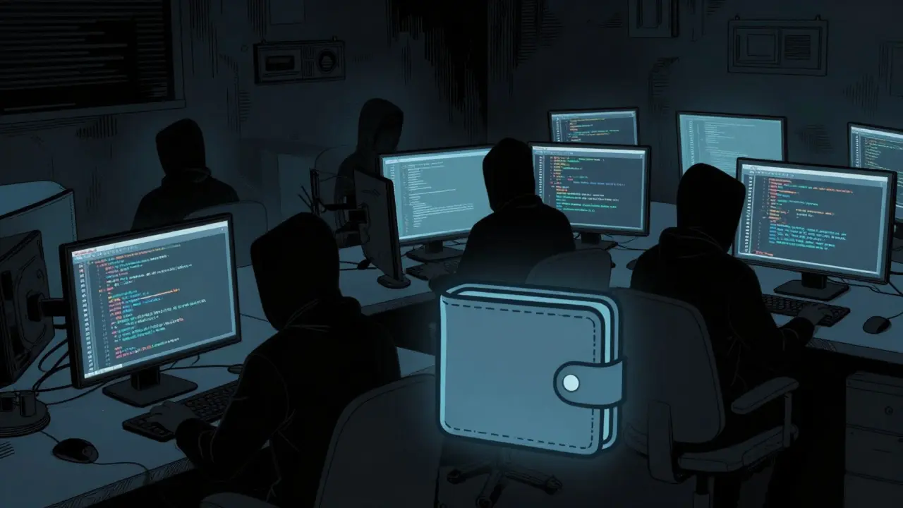 Silhouettes of anonymous creators in a dark room with empty wallets nearby