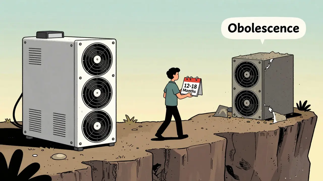 Timeline showing ASIC miner aging towards obsolescence