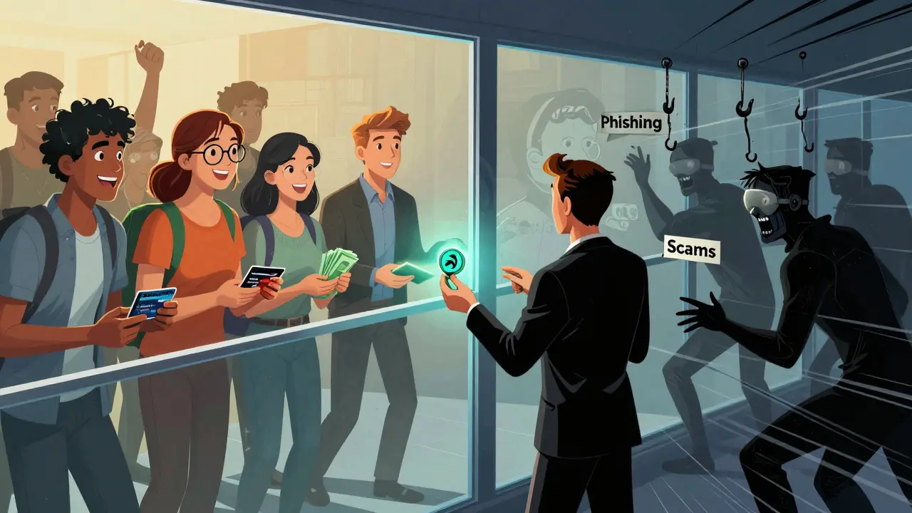 Users safely exchanging tokens for rewards while blocking scammers in illustration.