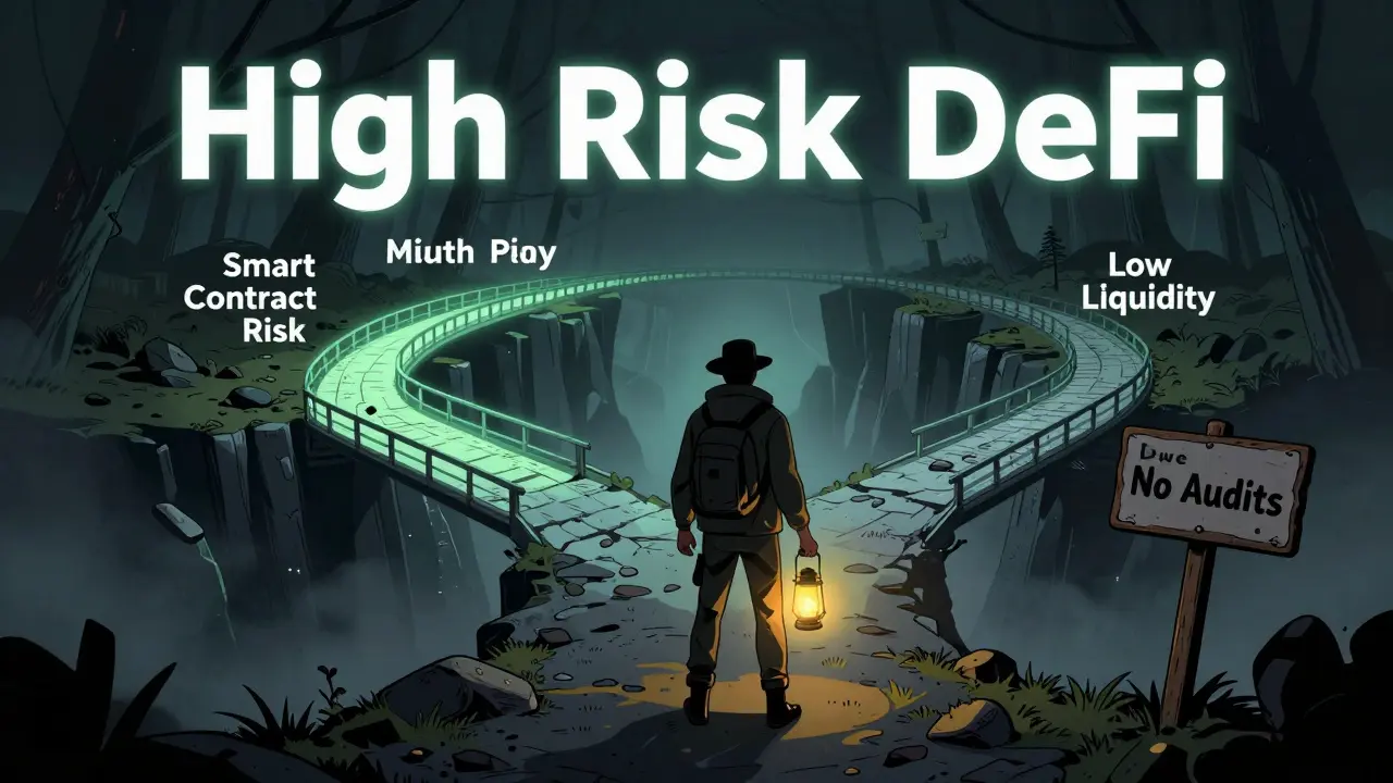 Adventurer facing risky paths in DeFi, illustrating smart contract and liquidity dangers.