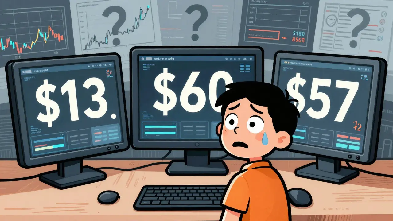 Cartoon character confused by different prices on multiple screens.