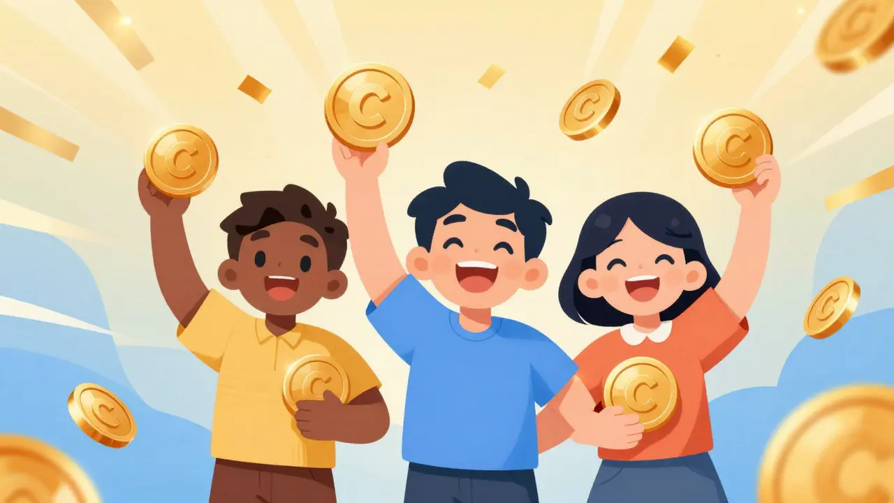 Cartoon characters celebrating winning crypto token airdrop