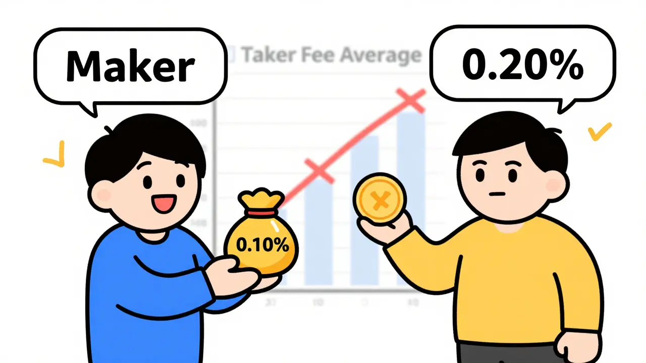 Cartoon comparison showing low maker and taker fees versus higher industry averages.