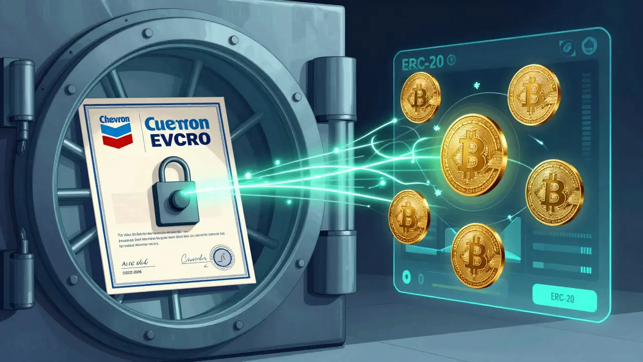 Cartoon depiction of physical stocks converting to digital blockchain tokens