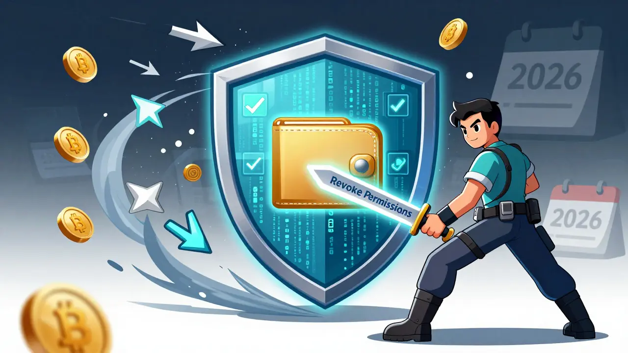 Cartoon of a digital shield protecting a crypto wallet from phishing attacks
