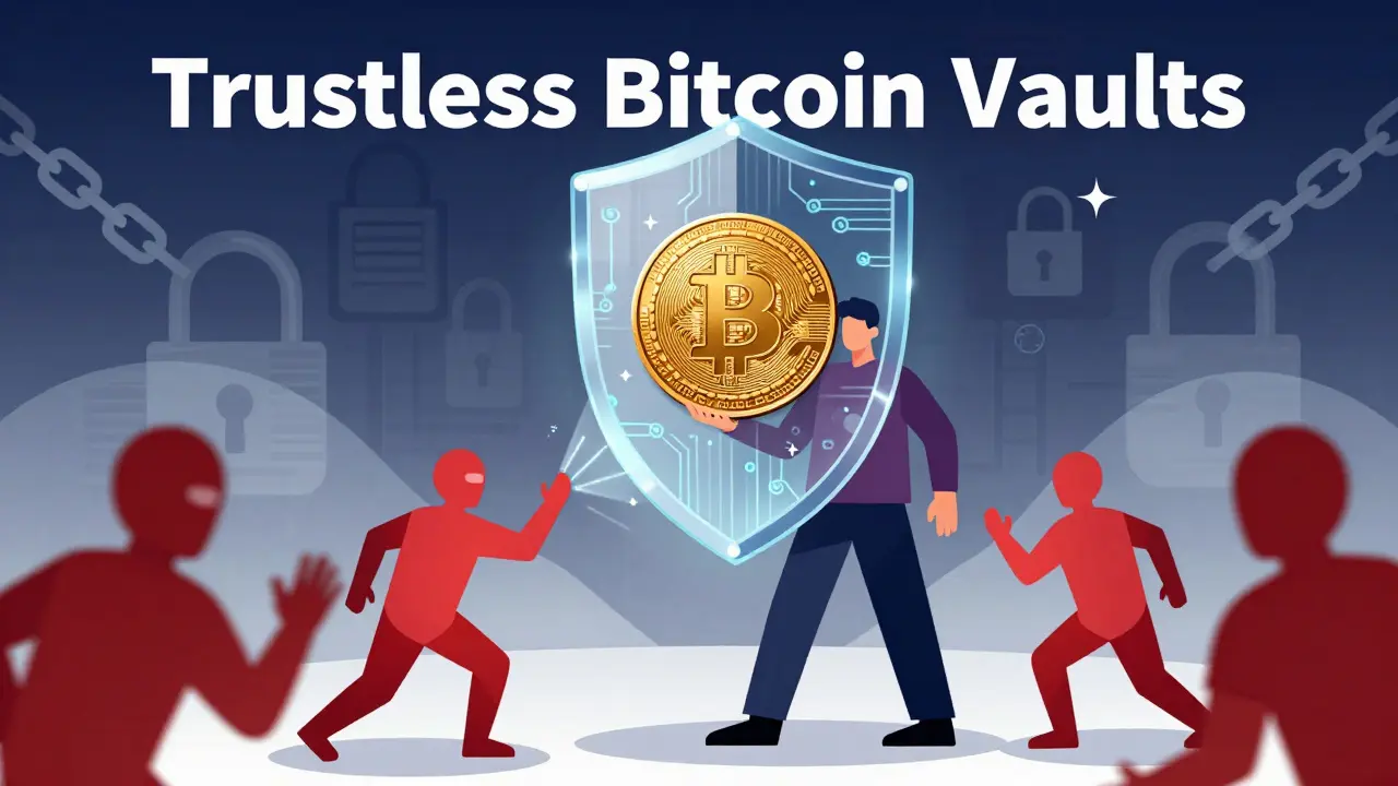 Cartoon showing secure, non-custodial Bitcoin staking vaults