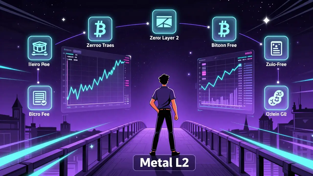 Comic art depicting Metal X's future on Metal L2 with fast, low-fee trading tools.