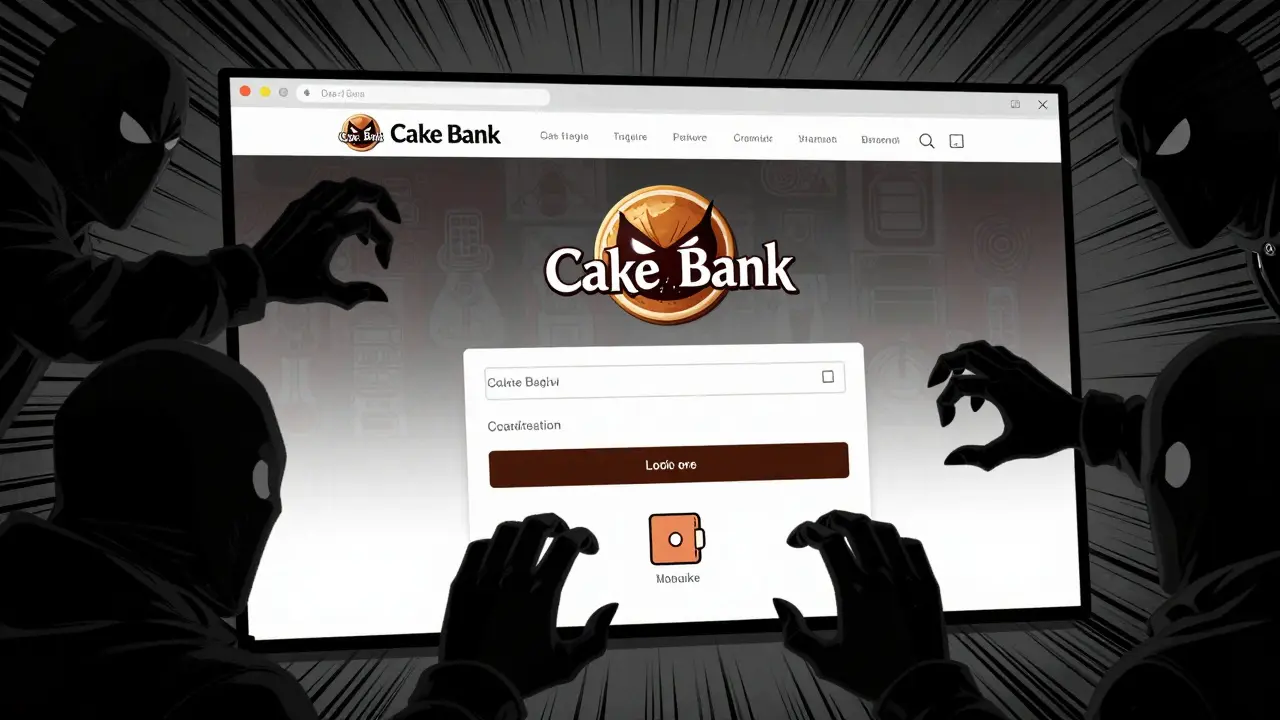 Comic art of scammers draining a wallet via a fake website