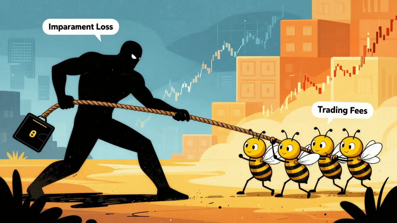 Comic art of trading fees battling against impermanent loss in a tug-of-war