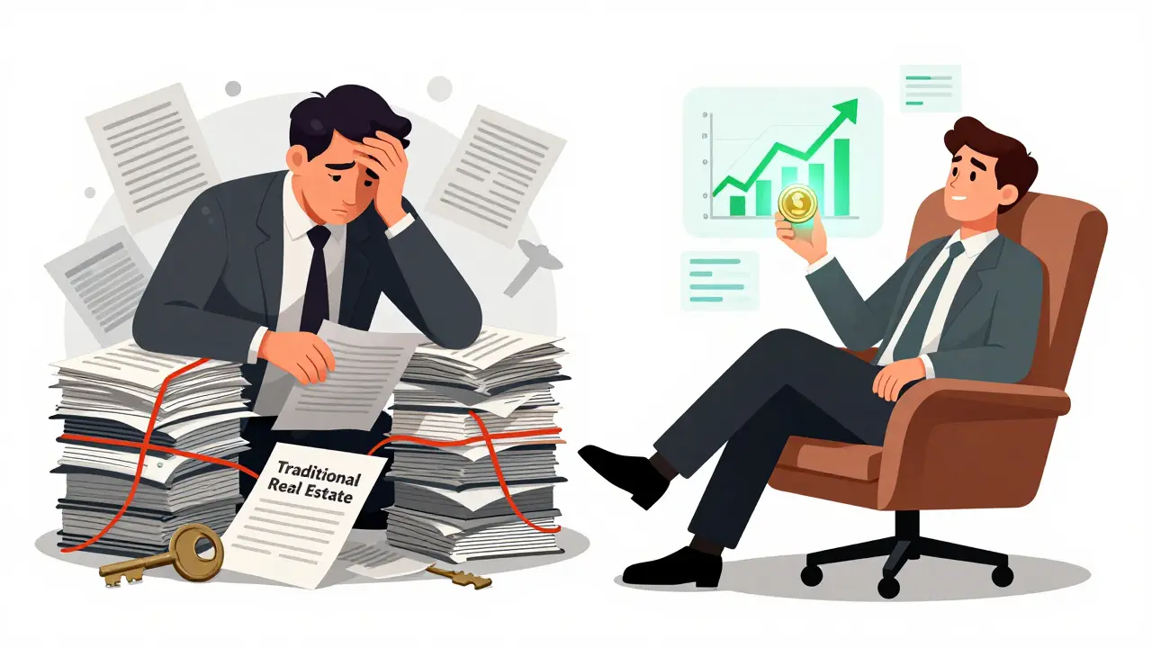 Comic comparing stressful traditional real estate with easy tokenized investing