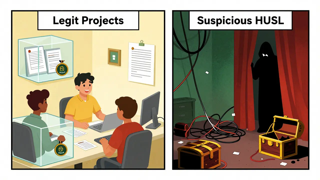 Comic comparison of transparent legit crypto projects versus chaotic scam schemes