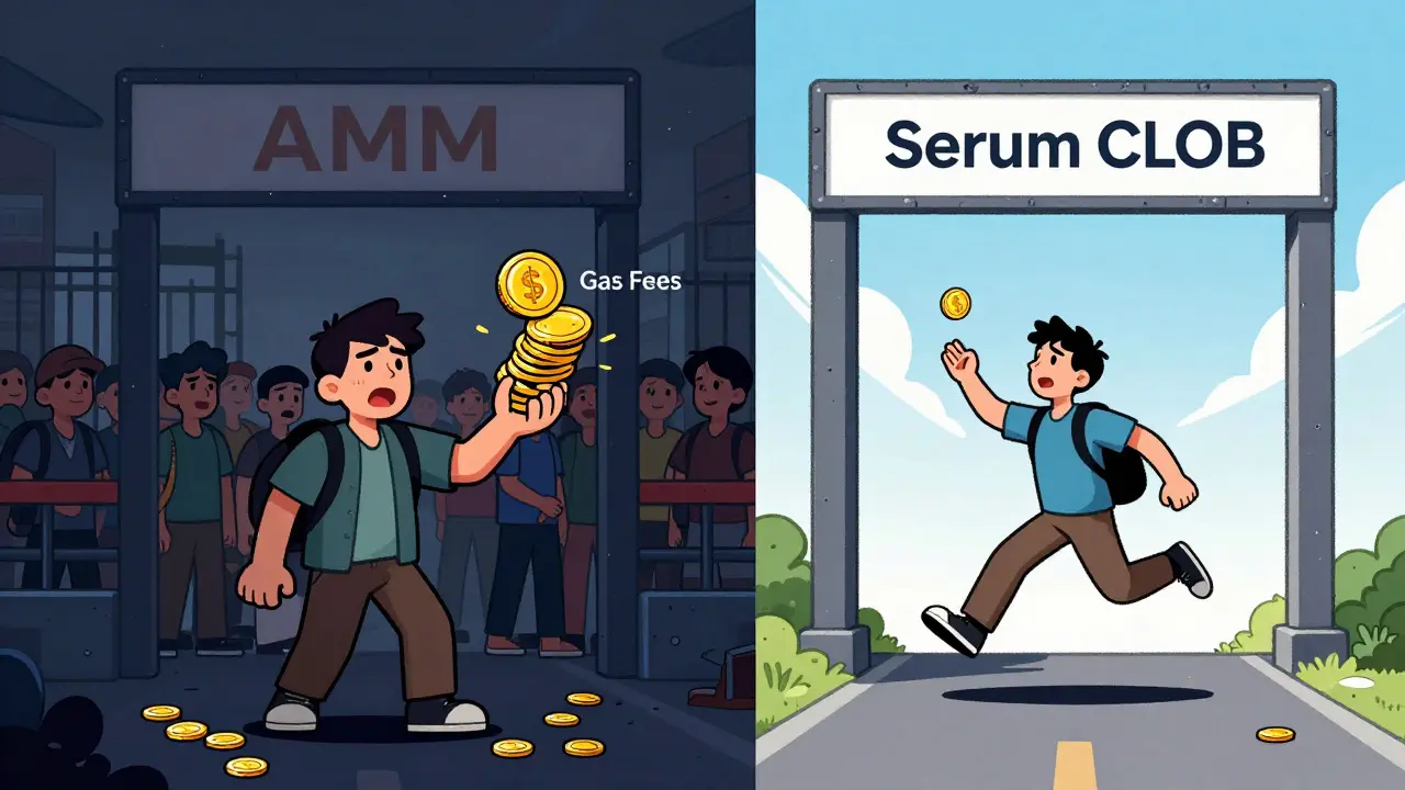 Comic comparison of zero-fee Serum vs high-fee AMM