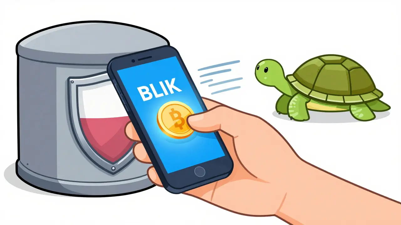 Comic illustration of instant BLIK payment into a secure crypto vault