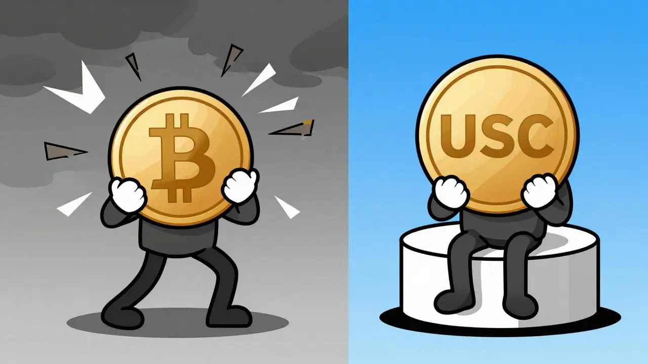 Comic showing stable coins providing security vs volatile crypto