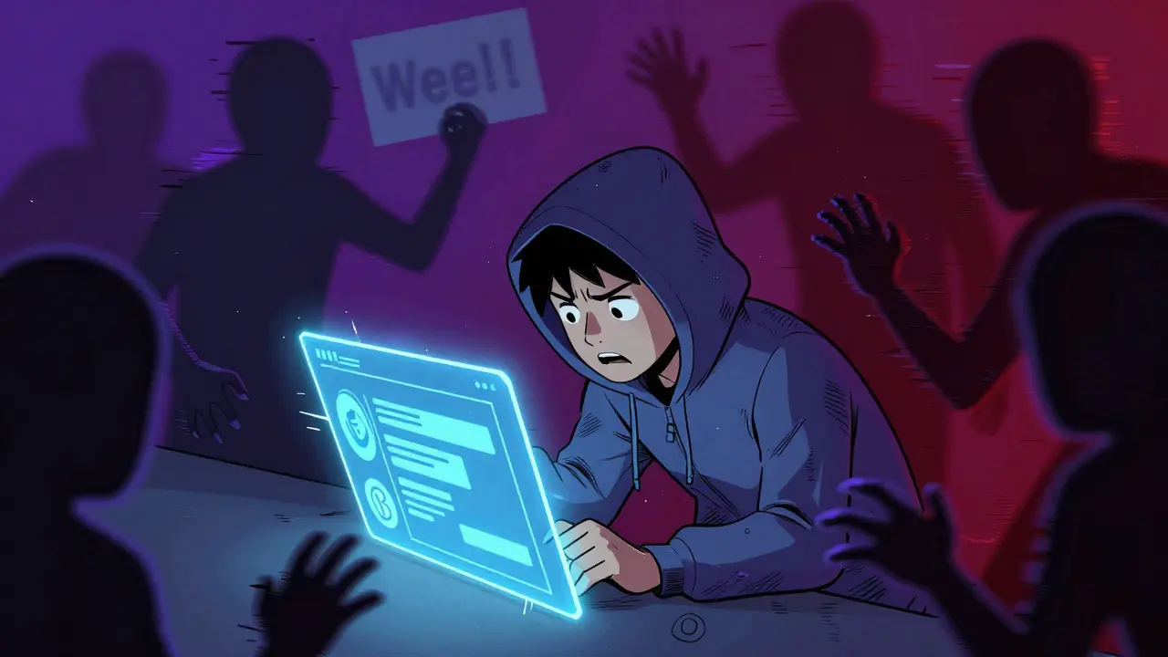 Comic style drawing of a trader surrounded by shadowy scam bots