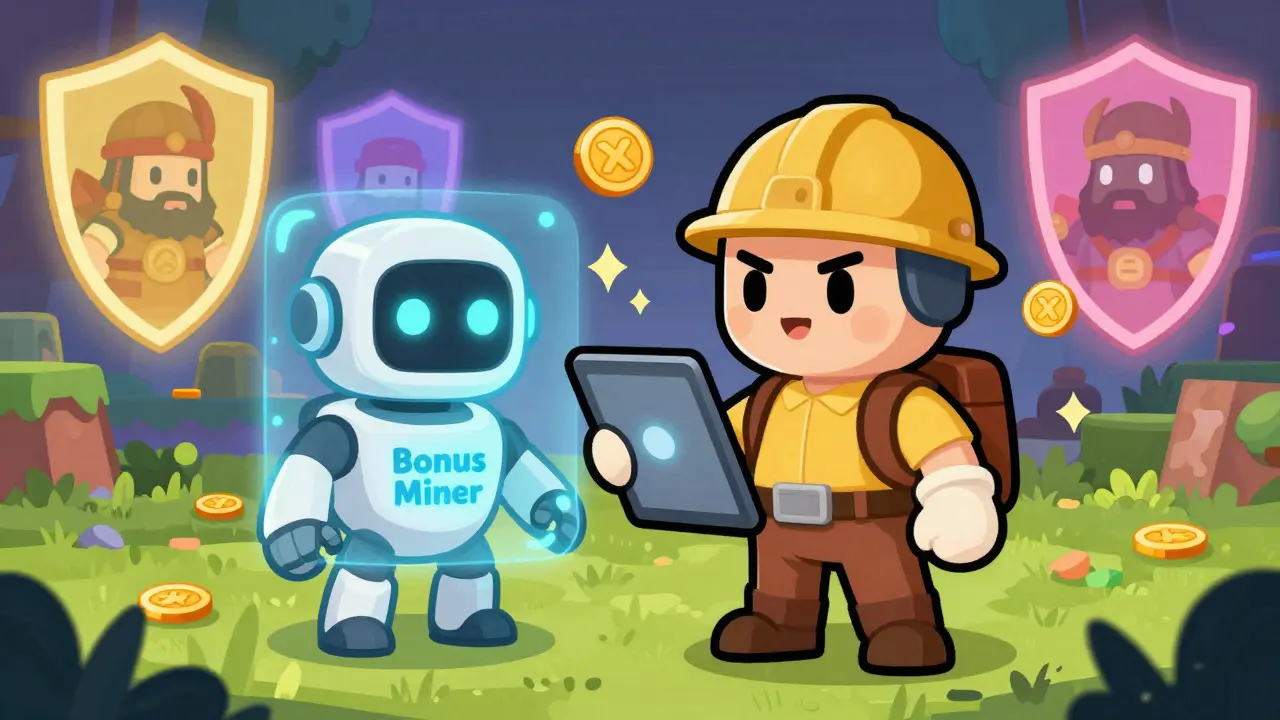 Comic style gamer with holographic bonus miner robot in a digital battle arena