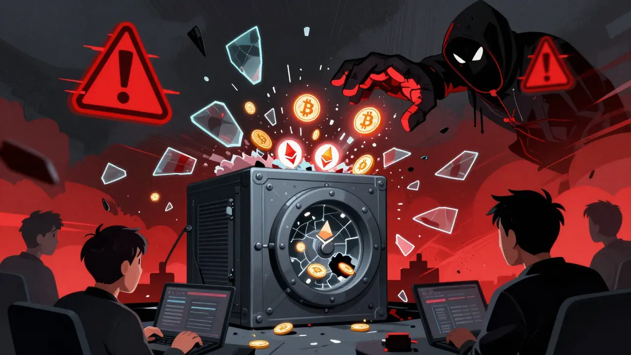 Comic style illustration of hackers stealing crypto funds from vault