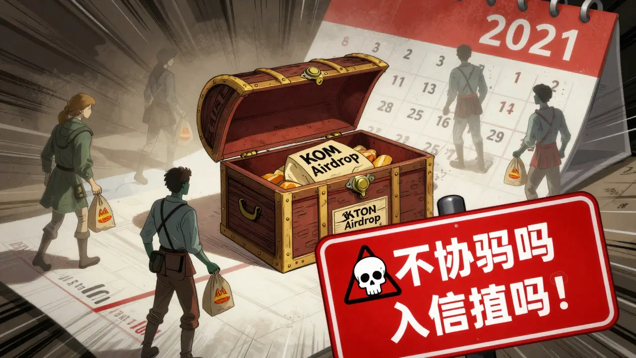 Comic style image warning about ended KOM airdrops and potential scams.